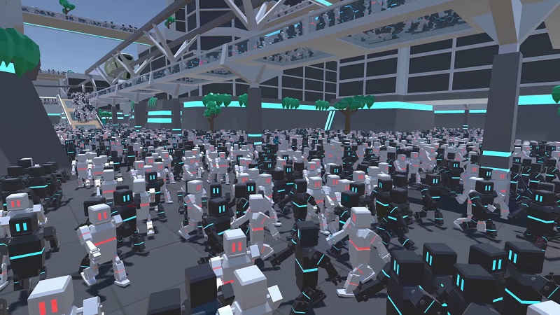 A crowd simulation with 50K robots, produced by bachelor Computer science students from Utrecht University